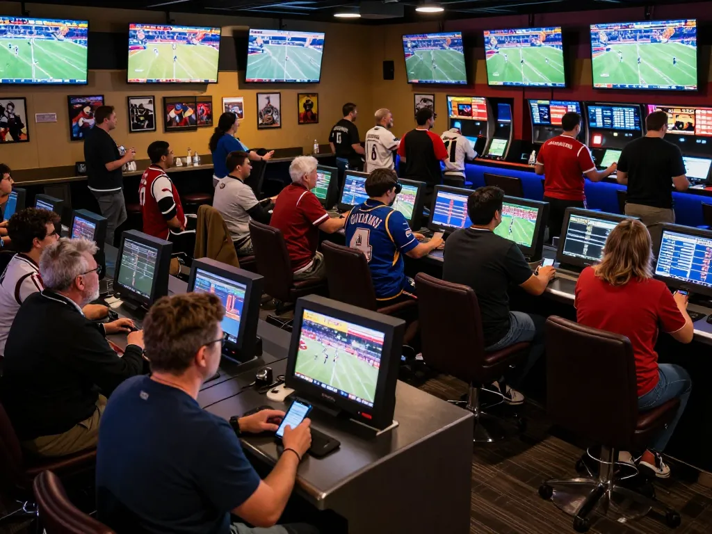Excited bettors engaging in strategic betting at five88 sportsbook with multiple live sports screens.