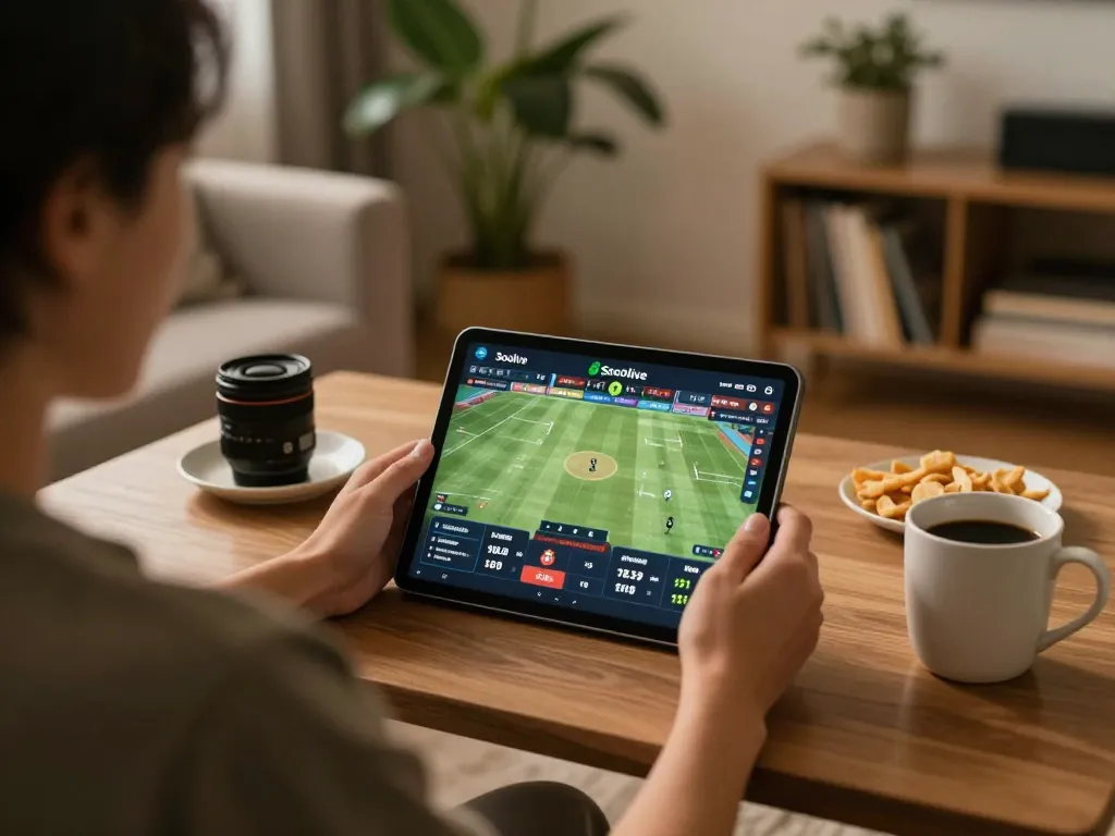 Socolive user enjoying online sports betting experience with tablet and cozy atmosphere