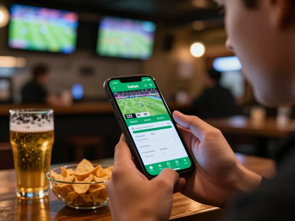 Engaged player using the debet sports betting app while enjoying a lively atmosphere.