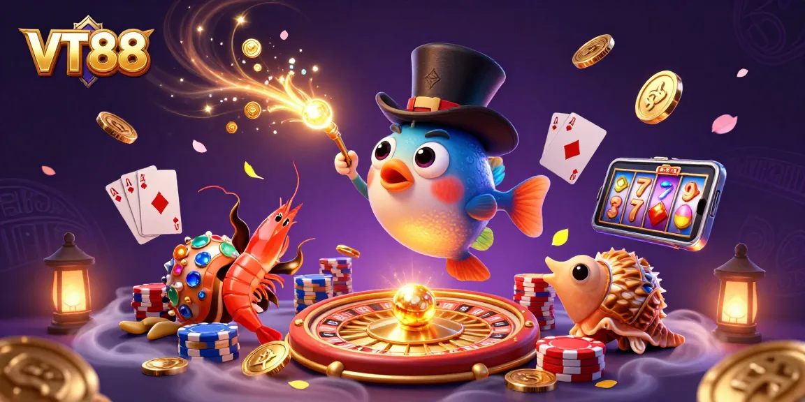 Engage with VT88’s vibrant casino adventure featuring a lively anglerfish attracting coins and gems.