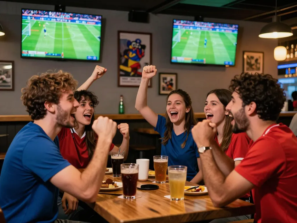 Experience xem bóng đá trực tiếp hôm nay in an exciting sports bar with cheering fans.