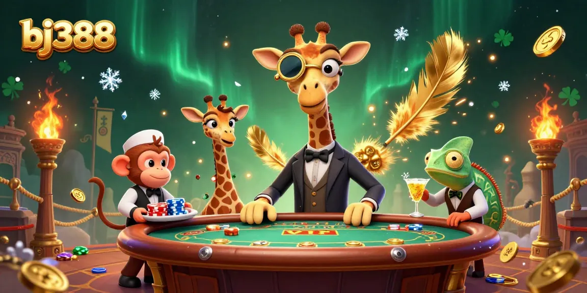 Experience the thrill of bj388 with a high-roller giraffe at a VIP poker table in a vibrant casino scene.
