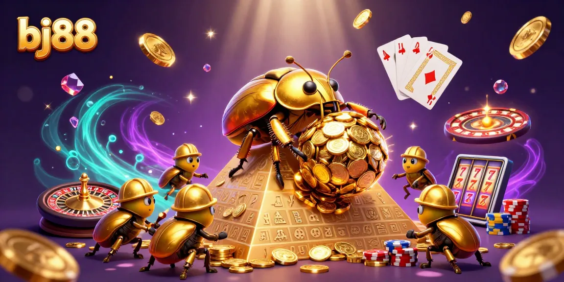 Experience bj88's vibrant casino scene with golden beetles and spinning roulette wheels.