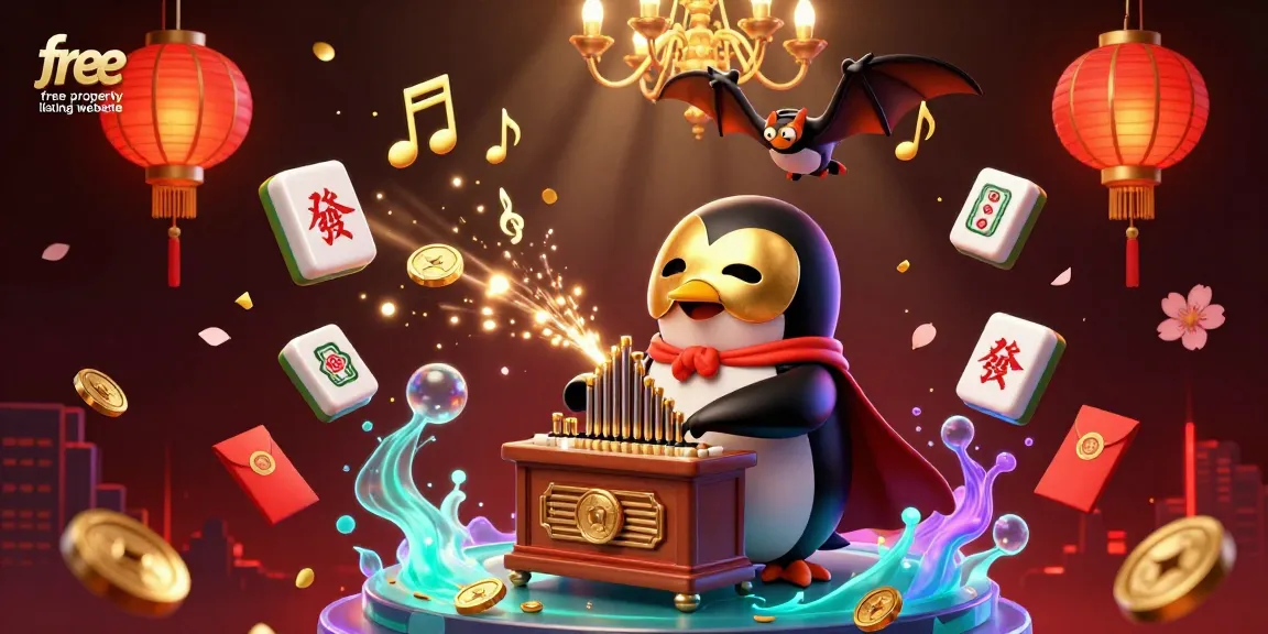 Engaging scene showcasing the free property listing website with a penguin playing an organ amid festive gambling elements.