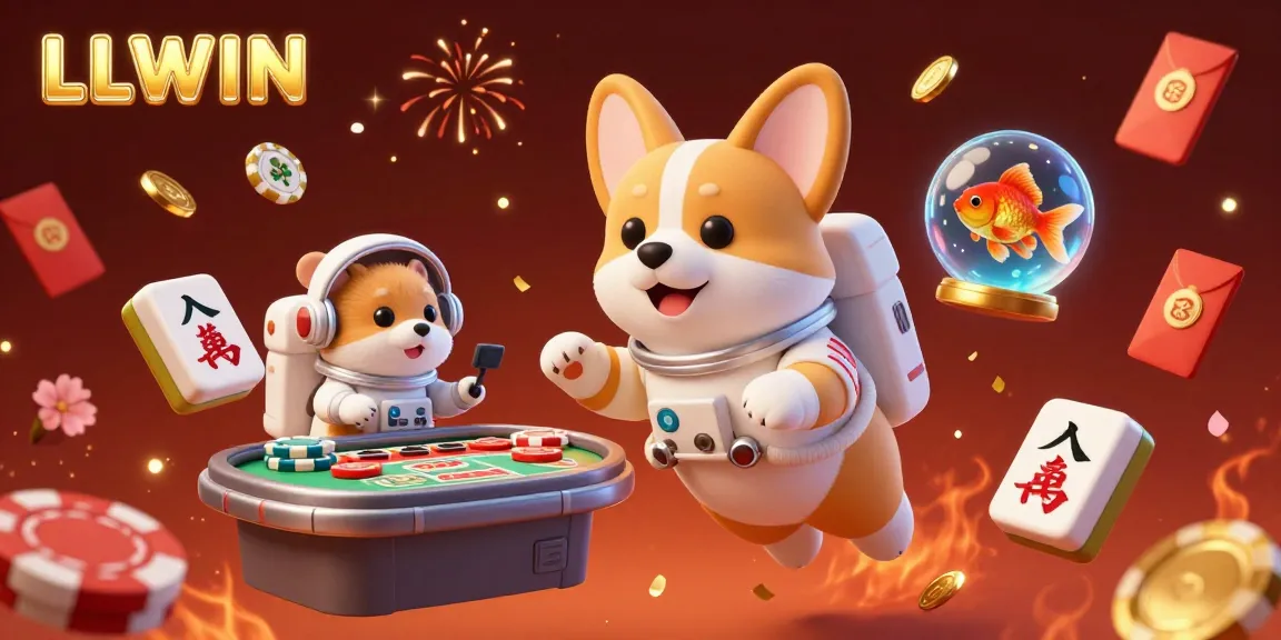 Witness the joyful LLWIN casino experience as a floating corgi navigates a space station casino, enriched with dynamic gambling elements.