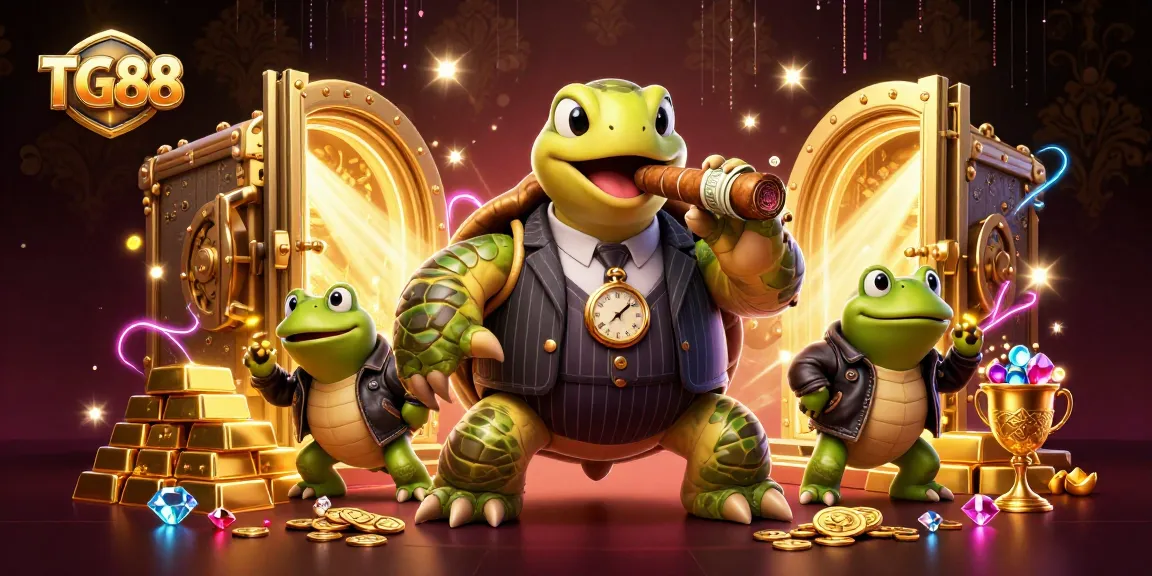Experience the excitement of TG88 with a vibrant 3D casino scene featuring a turtle in a pinstripe suit.