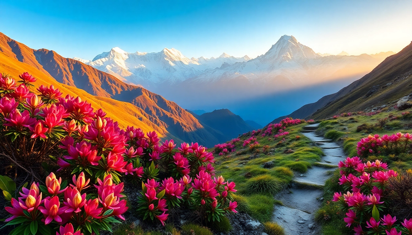 Experience the breathtaking views of the Sandakphu trek with colorful rhododendrons and Everest peaks. related image