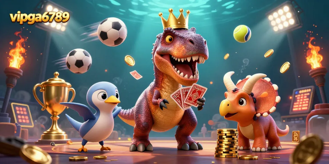 vipga6789 brings excitement as the T-Rex shuffles cards amidst gold chips and sports balls.