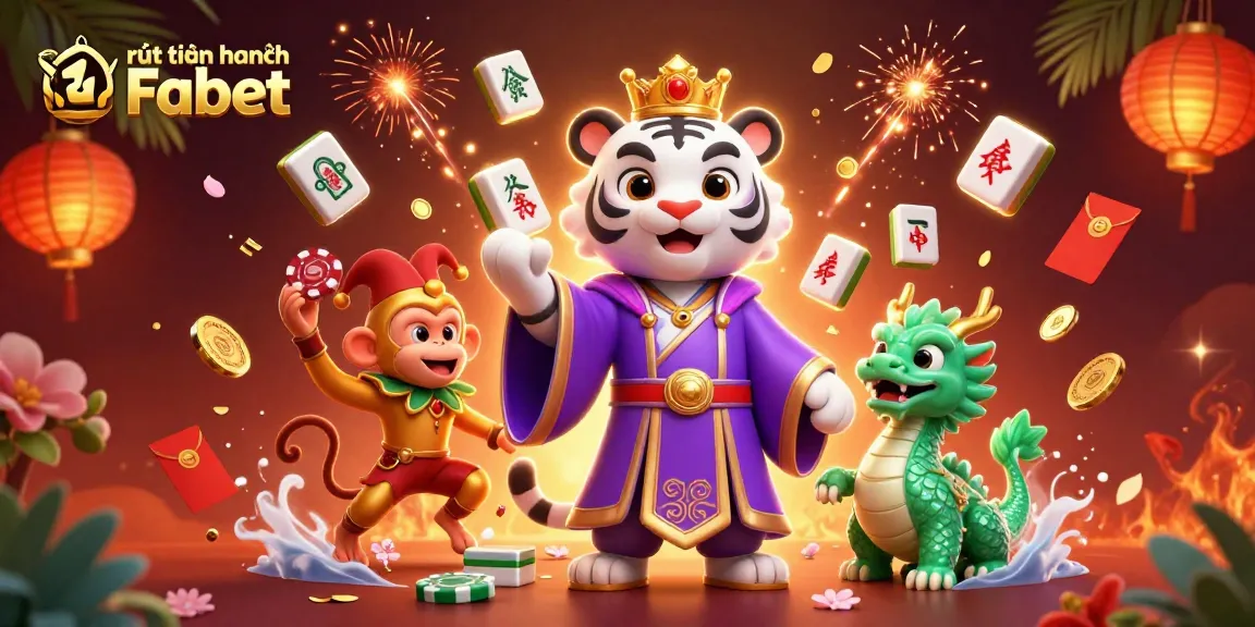 Experience rút tiền nhanh Fabet with a vibrant 3D illustration of a tiger, monkey, and dragon in a festive casino setting.
