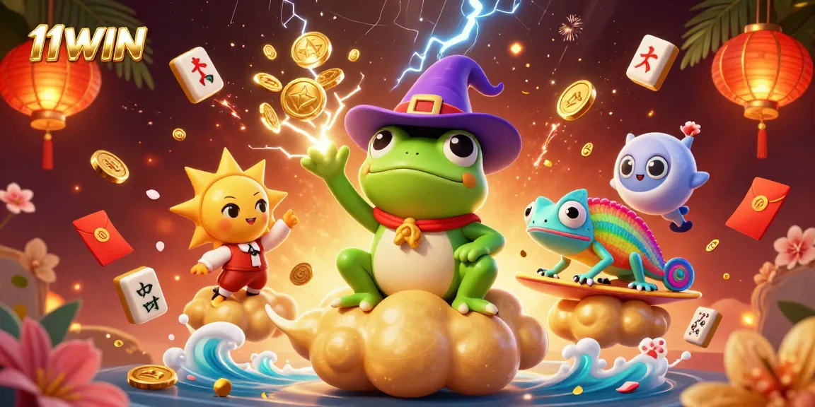 Experience the excitement of 11WIN with a vibrant casino-themed 3D illustration featuring magical characters.