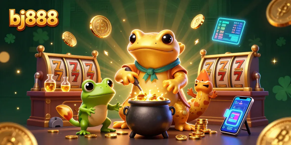 Experience the excitement at bj888 with golden rewards, slot reels, and magical alchemy in a vibrant casino scene.