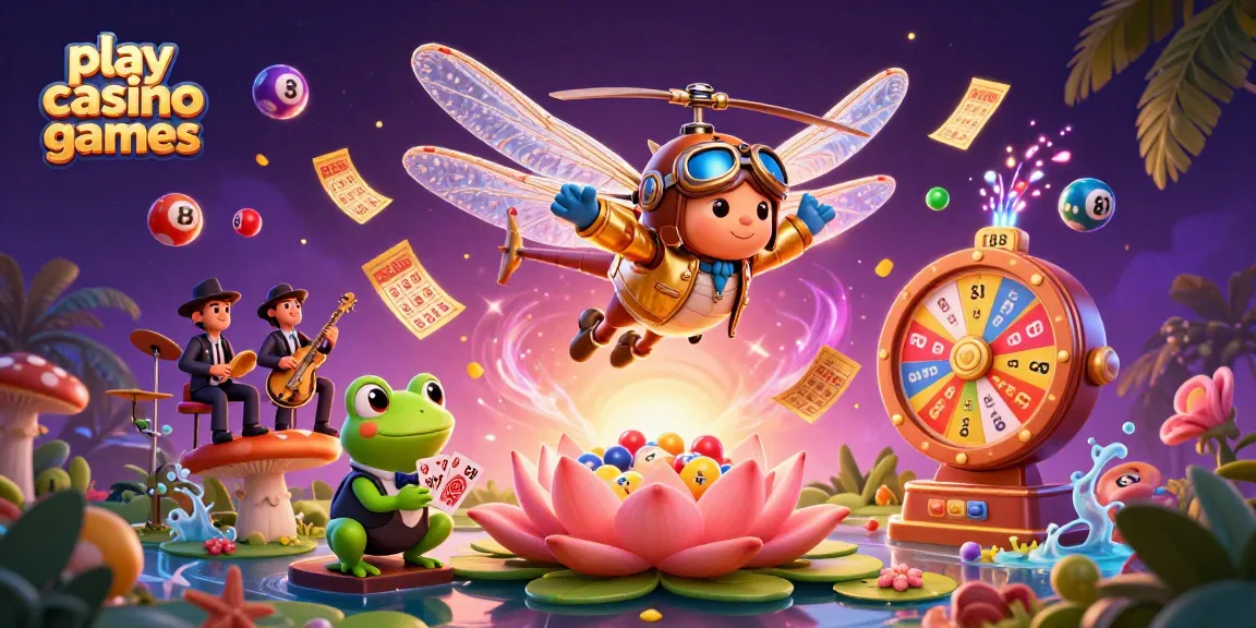 Play casino games with colorful action in a vibrant 3D casino illustration featuring a dragonfly pilot and frog croupier.