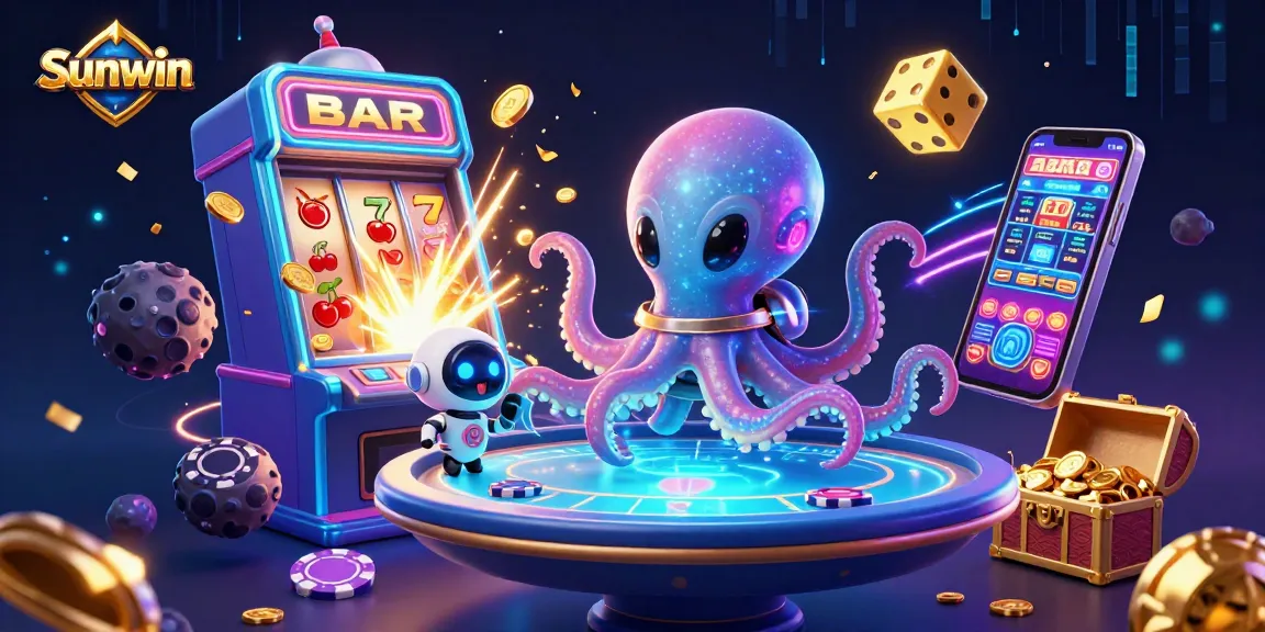 Engage in thrilling gameplay with Sunwin featuring a vibrant 3D alien octopus at a holographic poker table.