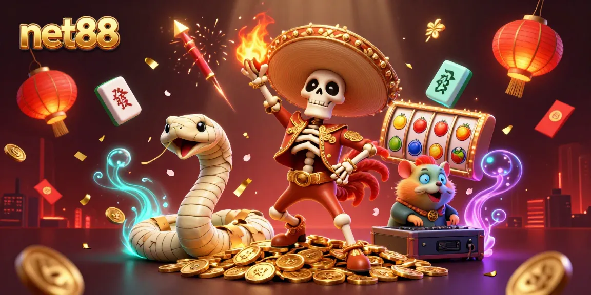 Join the celebration of fortune with net88, featuring a mariachi rooster, mummy snake, and DJ hamster amidst glowing symbols.