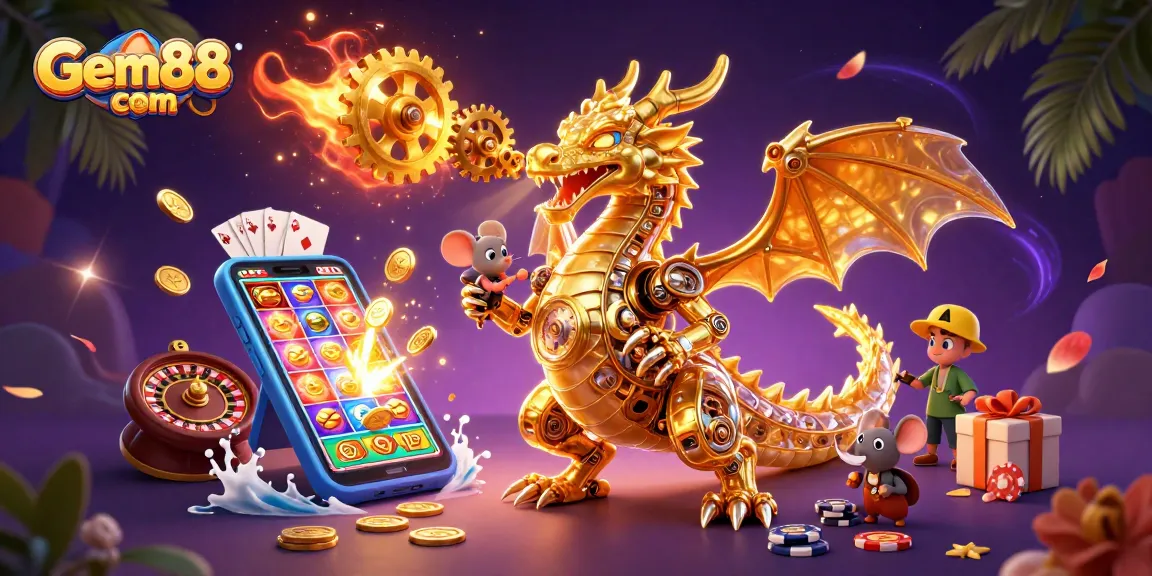 Engage in thrilling gameplay at Gem88 com with vibrant 3D casino scene showcasing exciting slot action.
