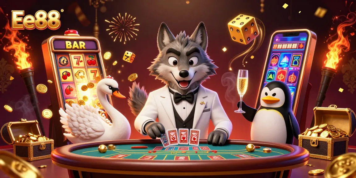 Join the exciting world of Ee88 as a debonair wolf, elegant swan, and sophisticated penguin celebrate casino wins.