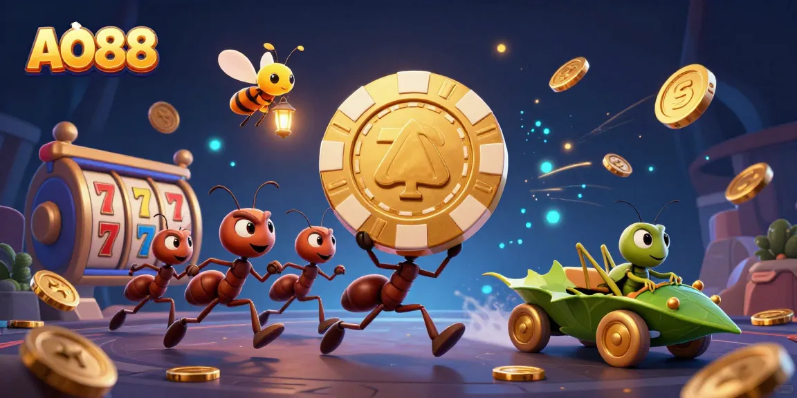AO88 celebrates thrilling casino excitement with ants carrying a giant poker chip.