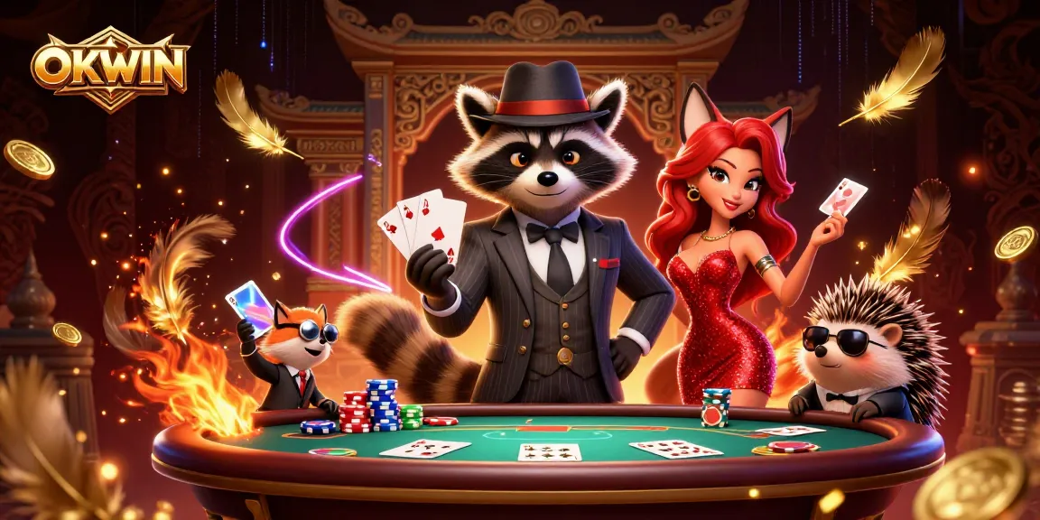 OKWIN poker table scene with suave raccoon and fox lady, showcasing betting excitement and lavish decor.