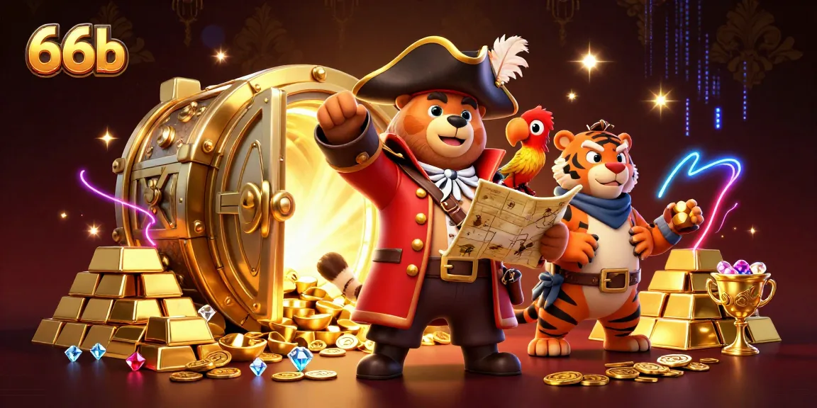 Engage with thrilling adventures at 66b, featuring a pirate bear with treasure amidst dazzling jewels and gold.