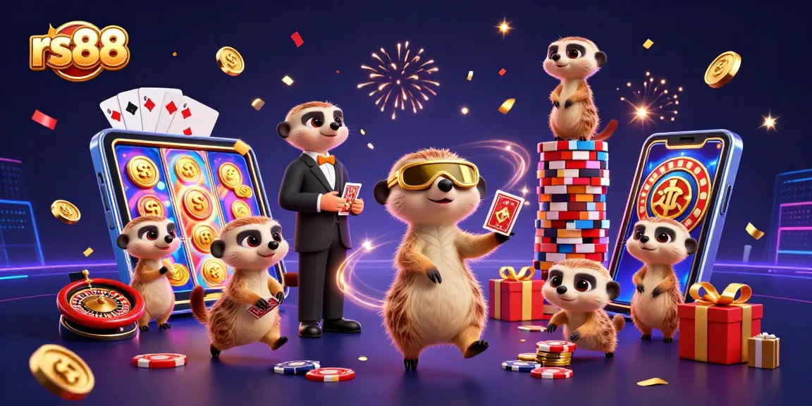 Experience gaming excitement at rs88 with meerkats running a casino in a vibrant 3D scene.