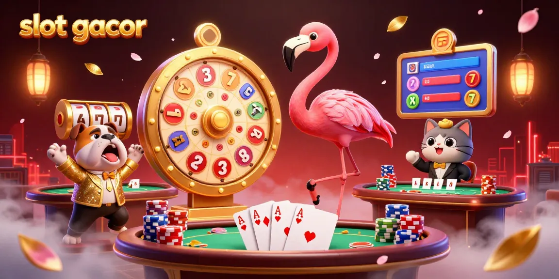 Experience thrilling slot gacor action with a vibrant 3D scene featuring flamingo hosts and bulldogs in a casino setting.
