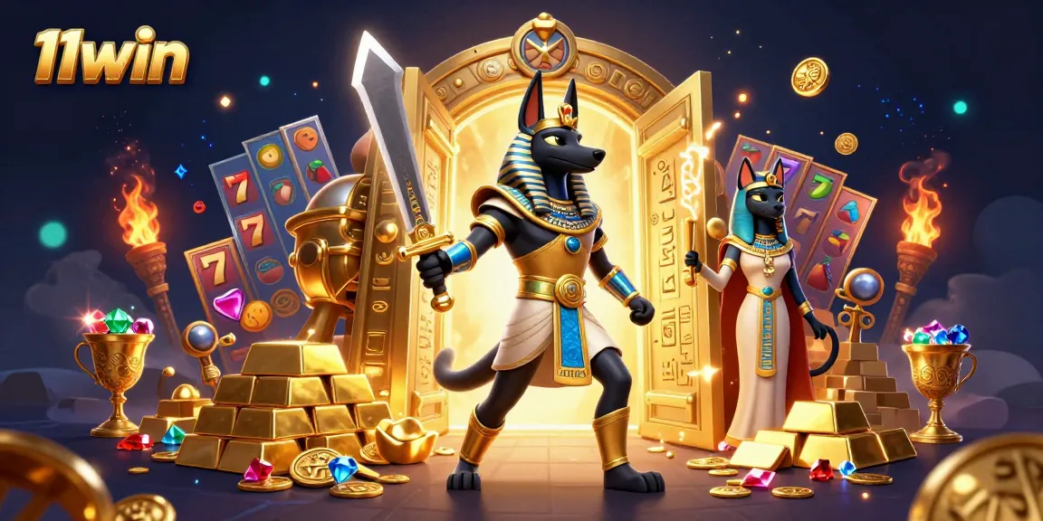 Spin the reels at 11win with Anubis and Bastet amidst treasures and slots!