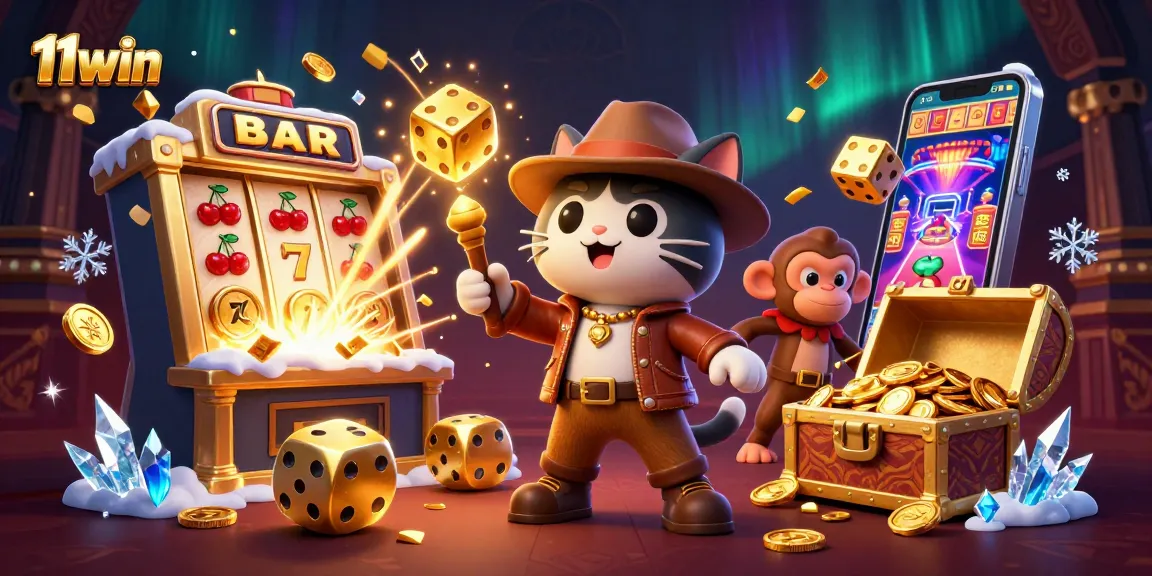 Spin to win at 11win with a vibrant 3D casino scene featuring slot machines and lucky symbols.