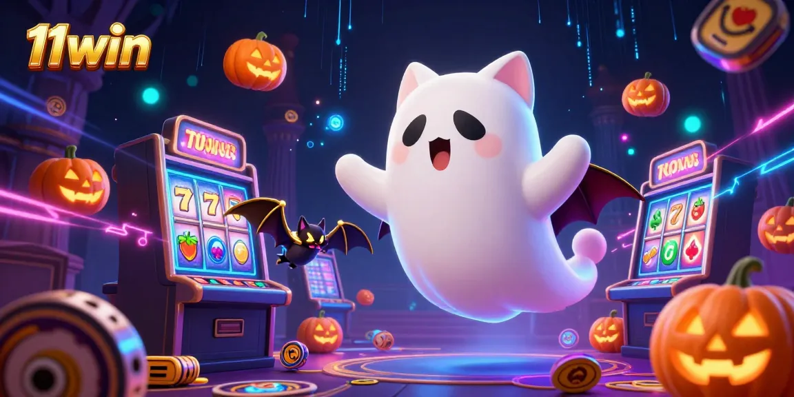 Experience the thrill of 11win’s haunted casino world with a ghost cat and jackpot slot symbols.