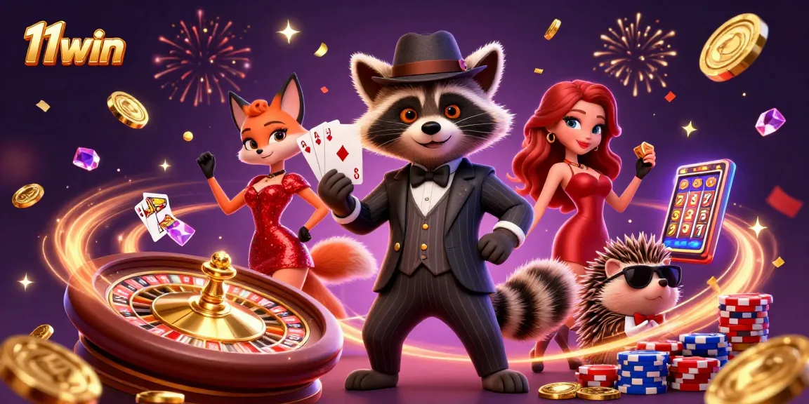 Experience the excitement of winning at 11win with a suave raccoon, charming fox lady, and a hedgehog bouncer in a casino scene.