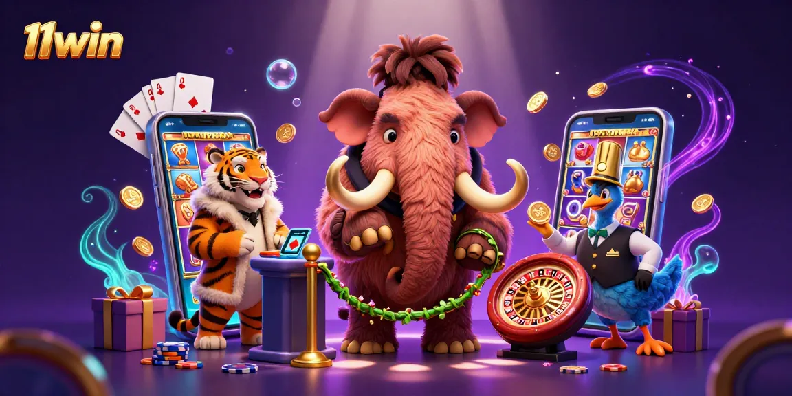 11win showcases an energetic 3D scene with a woolly mammoth casino bouncer and vivid gaming elements.