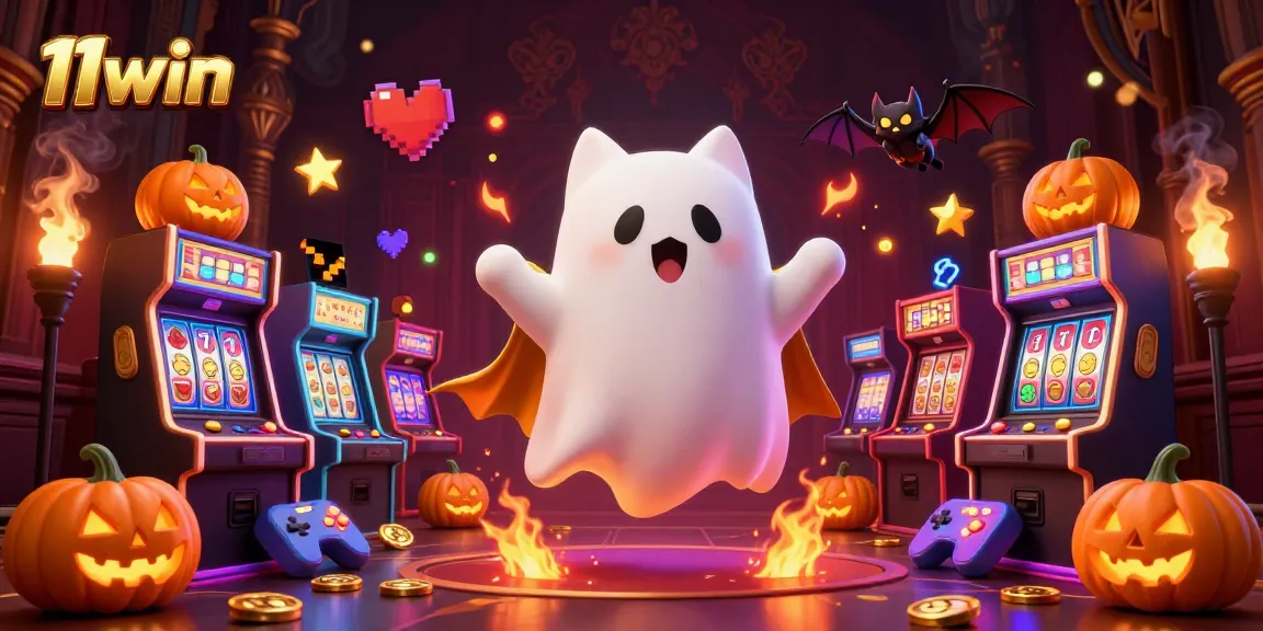Engage in thrilling gaming with 11win's vibrant casino scene featuring a ghost cat and vampire bat.