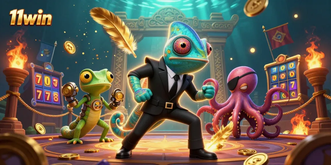 Engage with 11win's exhilarating online slots showcased in a dynamic 3D illustration with colorful casino elements.