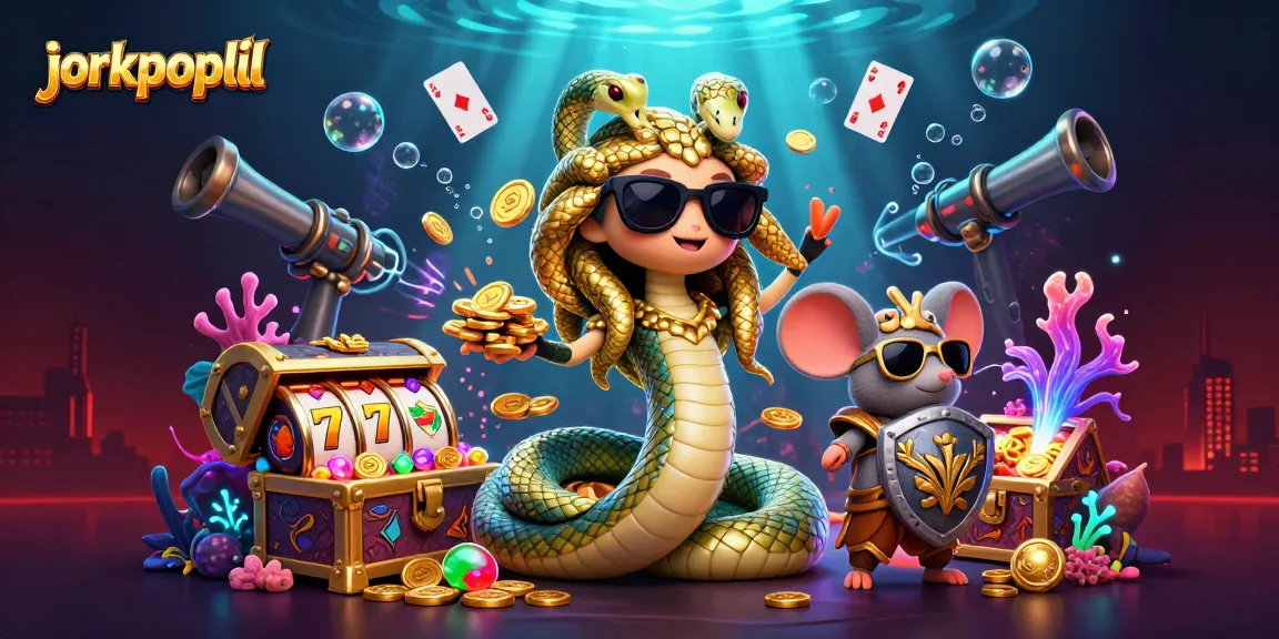 Experience the jorkpoplil excitement with Medusa and a warrior mouse, amidst a vibrant casino scene.