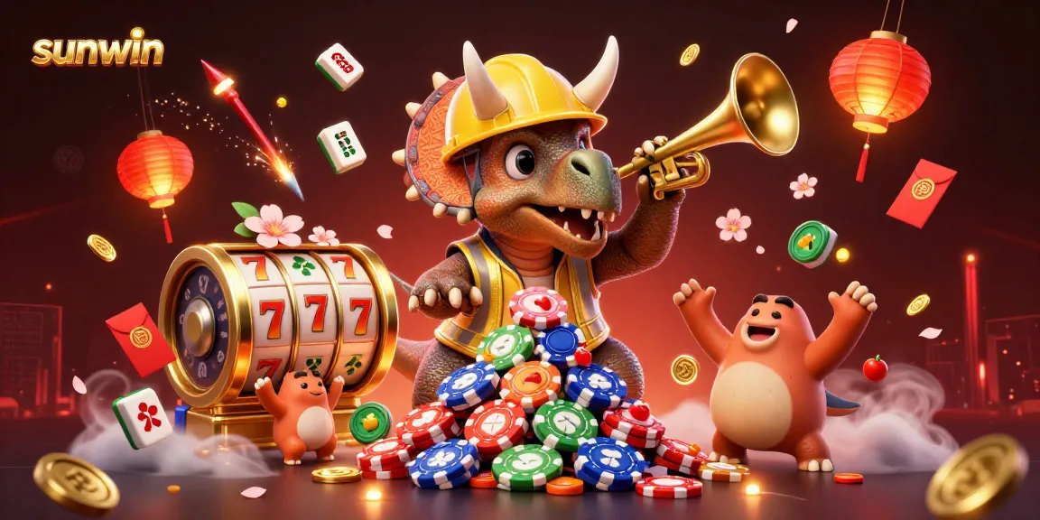 Join the fun with sunwin as the triceratops builds a poker chip pyramid amid a vibrant casino celebration.