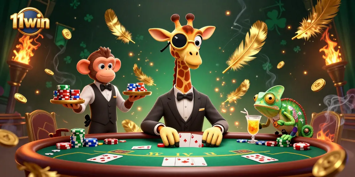 Experience thrilling gaming moments with 11win's vibrant casino scene featuring a giraffe and friends.