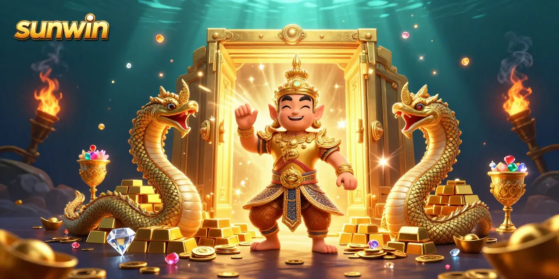 Engage with the exciting world of sunwin featuring a Thai temple guardian amid treasures, jewels, and rich casino elements.